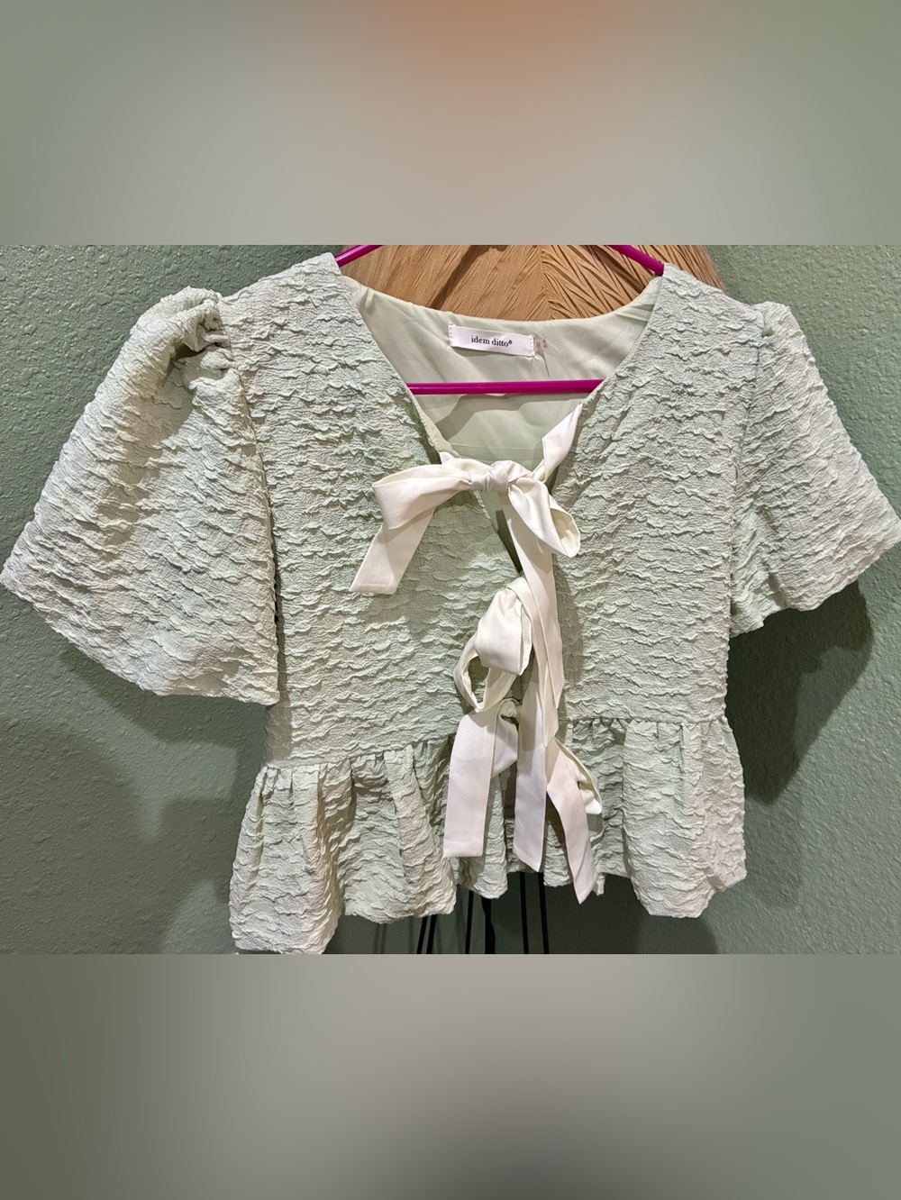 Idem Ditto Pale Mint Textured Peplum top with Ribbon Ties NWOT